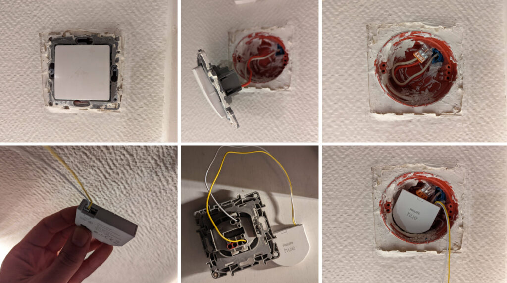 Enlevez le cache, ôtez les fils de votre interrupteur, insérez les dans un boitier wago, connectez les fils au boitier et à votre interrupteur, remettez la plaque et votre cache // Source : Photo Numerama Enlevez le cache, ôtez les fils de votre interrupteur, insérez les dans un boitier wago, connectez les fils au boitier et à votre interrupteur, remettez la plaque et votre cache // Source : Photo Numerama