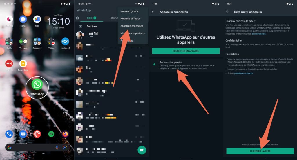 La marche à suivre pour activer le mode multi-appareils sur WhatsApp // Source : Capture d'écran Numerama La marche à suivre pour activer le mode multi-appareils sur WhatsApp // Source : Capture d'écran Numerama