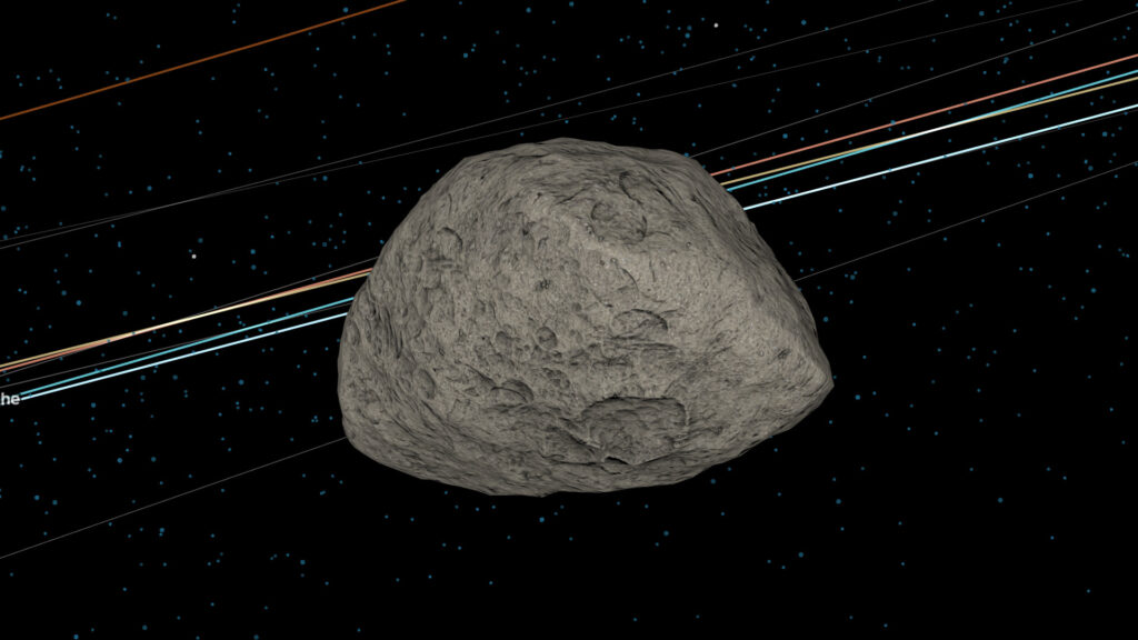 L'astéroïde Apophis dans la visualisation de la Nasa. // Source : Capture d'écran Eyes on Asteroids Nasa L'astéroïde Apophis dans la visualisation de la Nasa. // Source : Capture d'écran Eyes on Asteroids Nasa