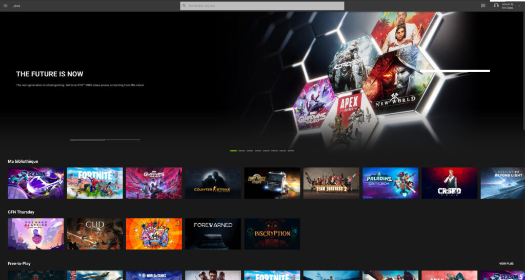 La page d'accueil du client GeForce Now, avec un accès à la bibliothèque personnelle ainsi qu'à tous les jeux // Source : Nvidia La page d'accueil du client GeForce Now, avec un accès à la bibliothèque personnelle ainsi qu'à tous les jeux // Source : Nvidia