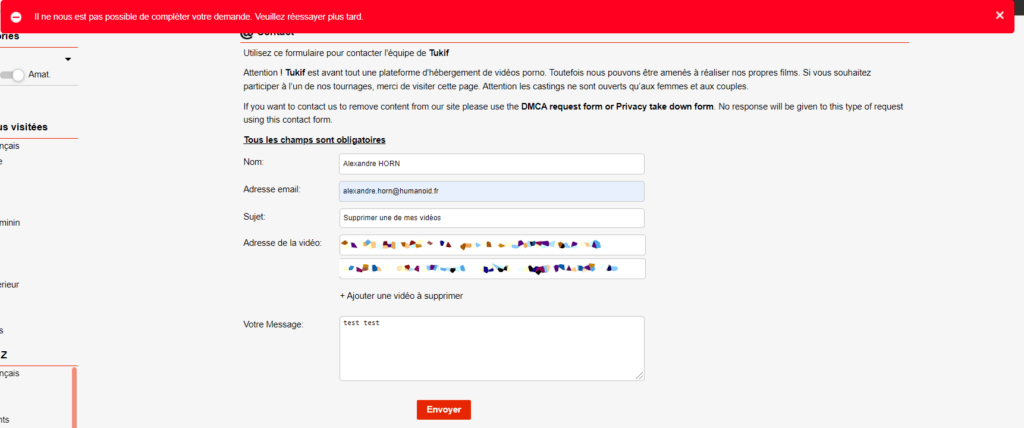 Le message d'erreur que l'on reçoit sur Tukif en signalant un contenu qui pose problème Le message d'erreur que l'on reçoit sur Tukif en signalant un contenu qui pose problème