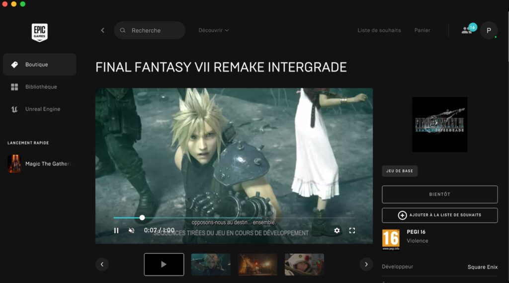 Final Fantasy VII Remake sur l'Epic Games Store // Source : Capture d'écran Final Fantasy VII Remake sur l'Epic Games Store // Source : Capture d'écran