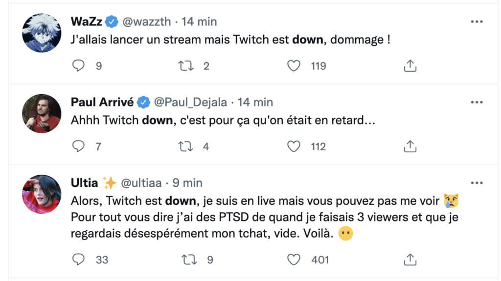 Des streameurs ont signalé que la plateforme Twitch était inaccessible ce 15 décembre à 16h45 // Source : Capture d'écran Twitter Des streameurs ont signalé que la plateforme Twitch était inaccessible ce 15 décembre à 16h45 // Source : Capture d'écran Twitter