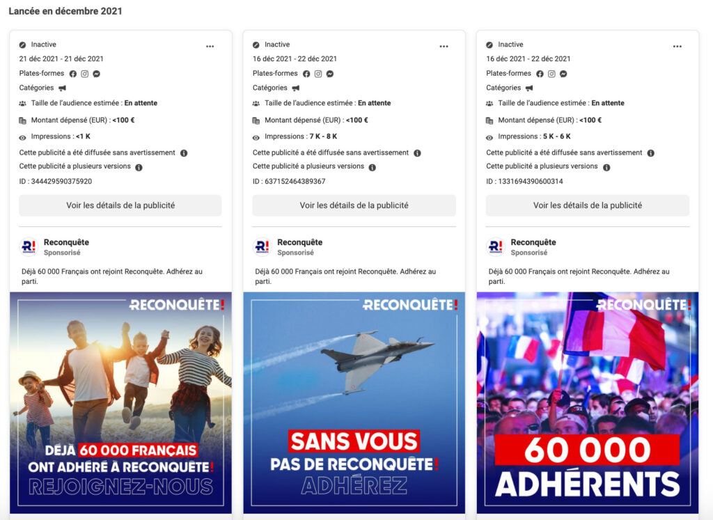 Les publicités de Reconquête // Source : Capture d'écran Numerama Les publicités de Reconquête // Source : Capture d'écran Numerama