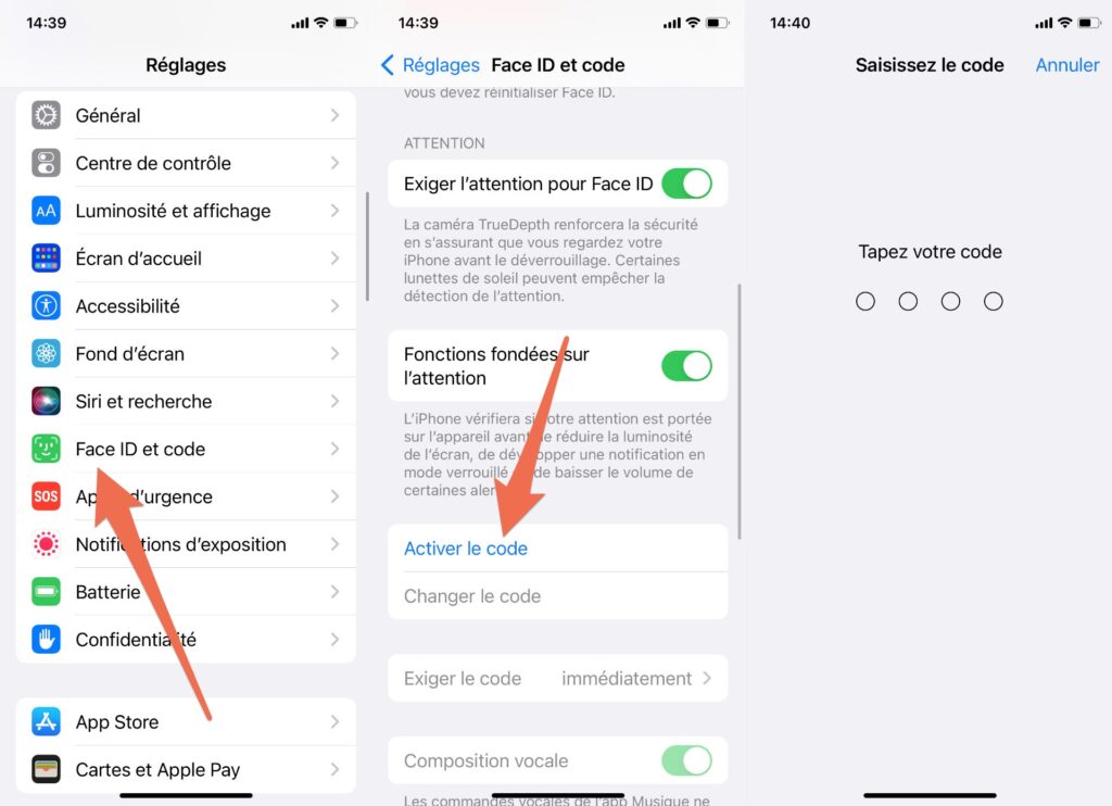 La marche à suivre pour paramétrer un code sur iPhone // Source : Capture Numerama
