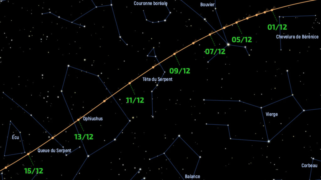 Déplacement de la comète Leonard. // Source : IMCCE - Observatoire de Paris (image recadrée) Déplacement de la comète Leonard. // Source : IMCCE - Observatoire de Paris (image recadrée)