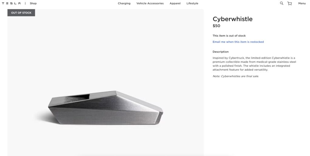 Le Cyberwhistle était évidemment en rupture de stock très rapidement // Source : Le shop de Tesla Le Cyberwhistle était évidemment en rupture de stock très rapidement // Source : Le shop de Tesla