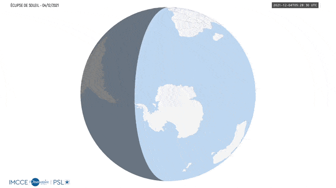 Cônes d’ombre et de pénombre à la surface de la Terre pendant l'éclipse. // Source : IMCCE Cônes d’ombre et de pénombre à la surface de la Terre pendant l'éclipse. // Source : IMCCE