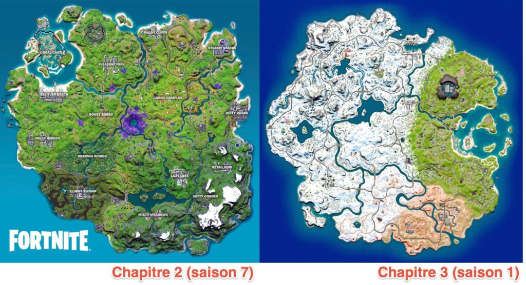 La carte de Fortnite avant le chapitre 3 et après // Source : Fortnite/Epic Games/Montage Numerama La carte de Fortnite avant le chapitre 3 et après // Source : Fortnite/Epic Games/Montage Numerama