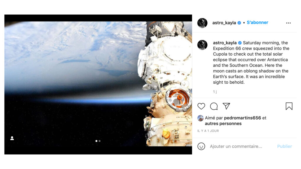 Les astronautes ont admiré l'éclipse depuis la coupole de l'ISS. // Source : Capture d'écran Instagram astro_kayla Les astronautes ont admiré l'éclipse depuis la coupole de l'ISS. // Source : Capture d'écran Instagram astro_kayla