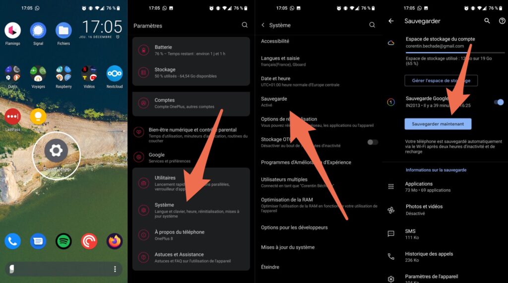 La marche à suivre pour sauvegarder son téléphone // Source : Capture Numerama
