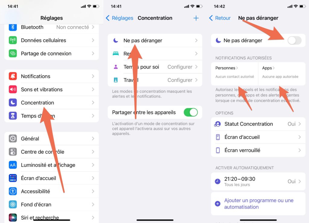 La marche à suivre pour activer le mode « Ne pas déranger » sur iPhone // Source : Capture Numerama
