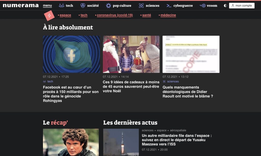 Une partie de la page d'accueil de Numerama (en thème sombre)