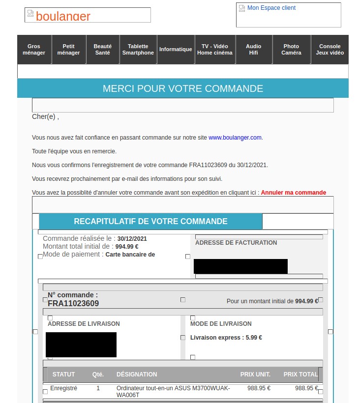 Le mail de phishing est parfaitement plausible // Source : Capture écran Le mail de phishing est parfaitement plausible // Source : Capture écran