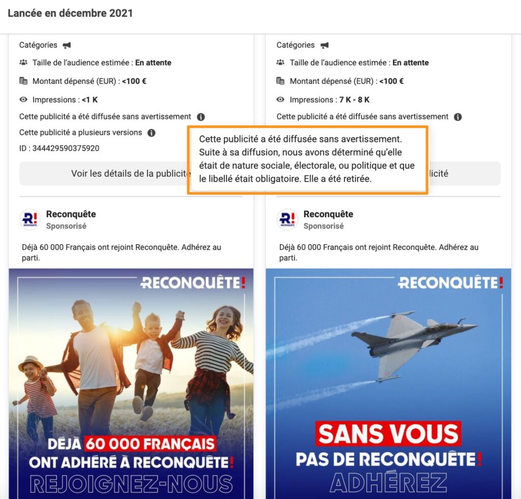 Les publicités de Reconquête n'indiquaient pas qu'elles étaient de nature politiques // Source : Capture d'écran Numerama Les publicités de Reconquête n'indiquaient pas qu'elles étaient de nature politiques // Source : Capture d'écran Numerama