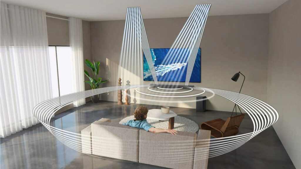 Schématiquement, voici à quoi ressemble la spatialisation sonore de la Samsung HW-Q900A // Source : Samsung Schématiquement, voici à quoi ressemble la spatialisation sonore de la Samsung HW-Q900A // Source : Samsung