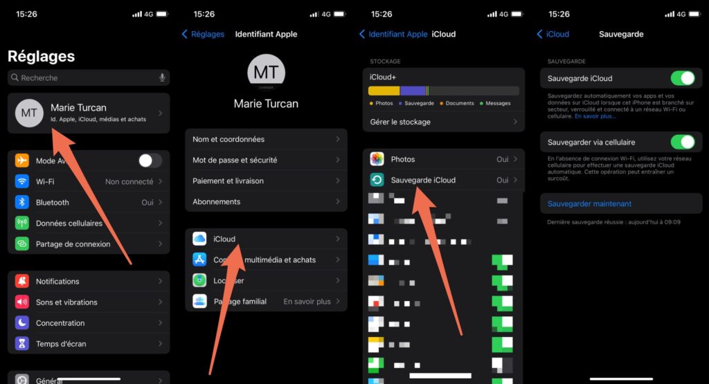 La marche à suivre pour vérifier que la sauvegarde iCloud est bien activé // Source : Capture Numerama