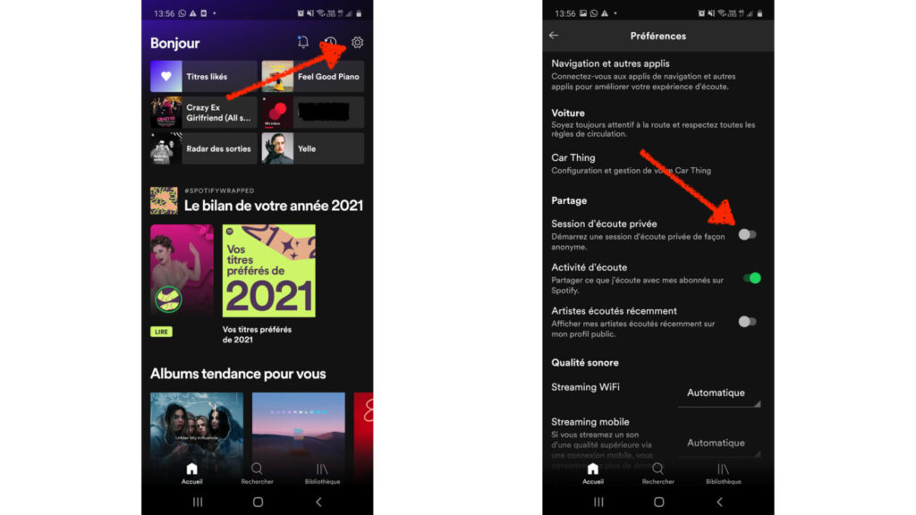 Activer l'écoute privée sur Android dans Spotify. // Source : Capture d'écran Numerama Activer l'écoute privée sur Android dans Spotify. // Source : Capture d'écran Numerama