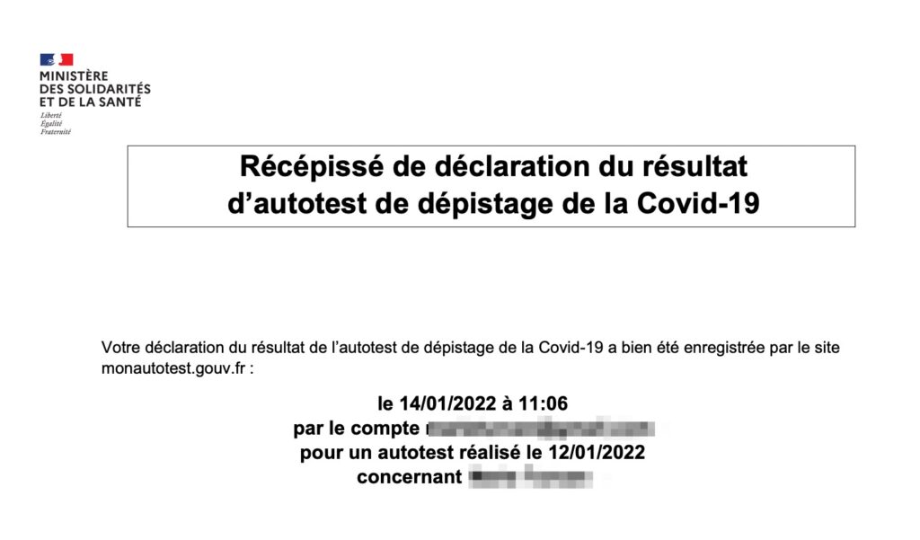 Un récépissé après déclaration d'auto-test Un récépissé après déclaration d'auto-test