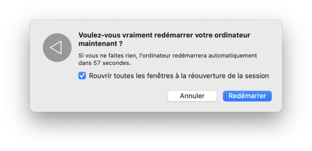 Le message de redémarrage sur macOS. // Source : Numerama Le message de redémarrage sur macOS. // Source : Numerama