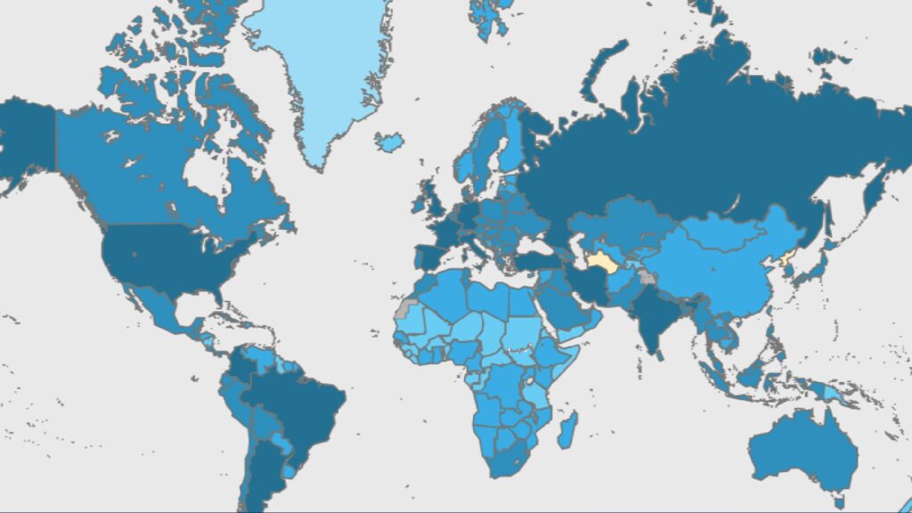 Carte des cas d'infection au covid, dans le monde, au total, à date de début janvier 2022. // Source : OMS Carte des cas d'infection au covid, dans le monde, au total, à date de début janvier 2022. // Source : OMS