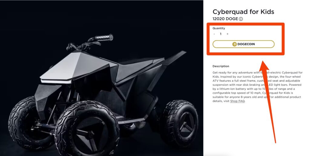 Le Cyberquad payable en dogecoin // Source : Tesla Shop Le Cyberquad payable en dogecoin // Source : Tesla Shop