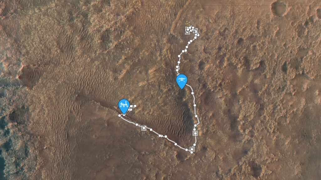 Position de Perseverance et d'Ingenuity sur Mars. // Source : Capture d'écran Nasa Science Position de Perseverance et d'Ingenuity sur Mars. // Source : Capture d'écran Nasa Science