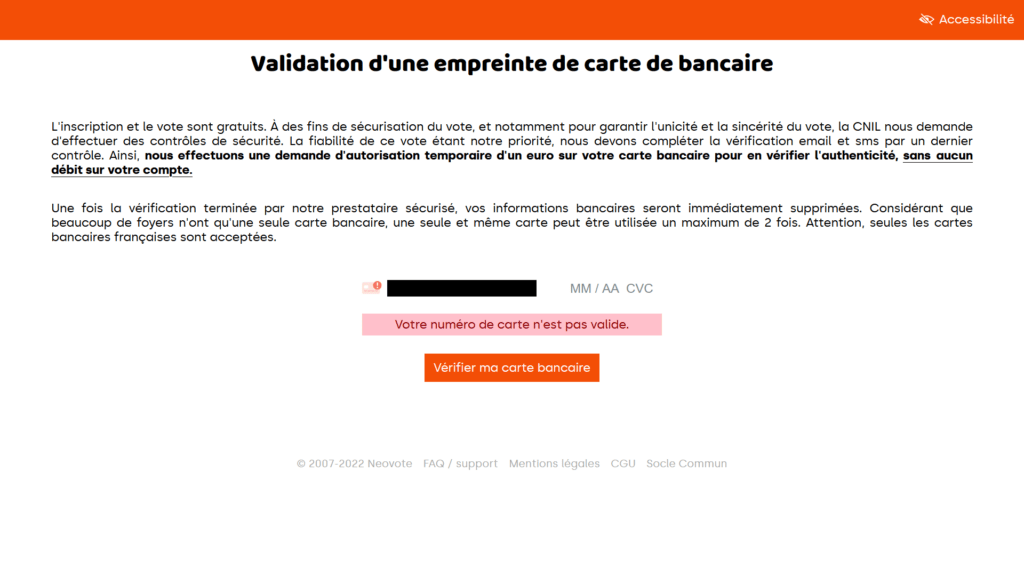 La validation avec une carte bancaire est défendu par les organisateurs comme une garantie forte // Source : Capture écran Numerama La validation avec une carte bancaire est défendu par les organisateurs comme une garantie forte // Source : Capture écran Numerama