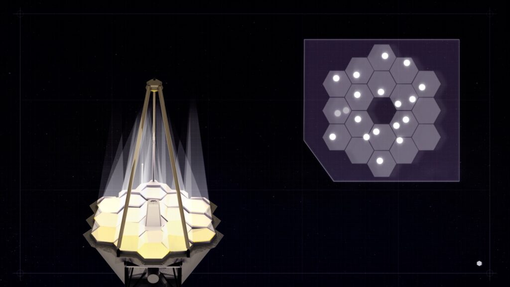 Alignement des miroirs du JWST, extrait d'une animation. // Source : NASA's Goddard Space Flight Center Alignement des miroirs du JWST, extrait d'une animation. // Source : NASA's Goddard Space Flight Center