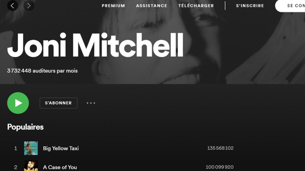 Joni Mitchell est écoutée par plus de 3 millions de personnes chaque mois sur Spotify. // Source : Capture d'écran Joni Mitchell est écoutée par plus de 3 millions de personnes chaque mois sur Spotify. // Source : Capture d'écran