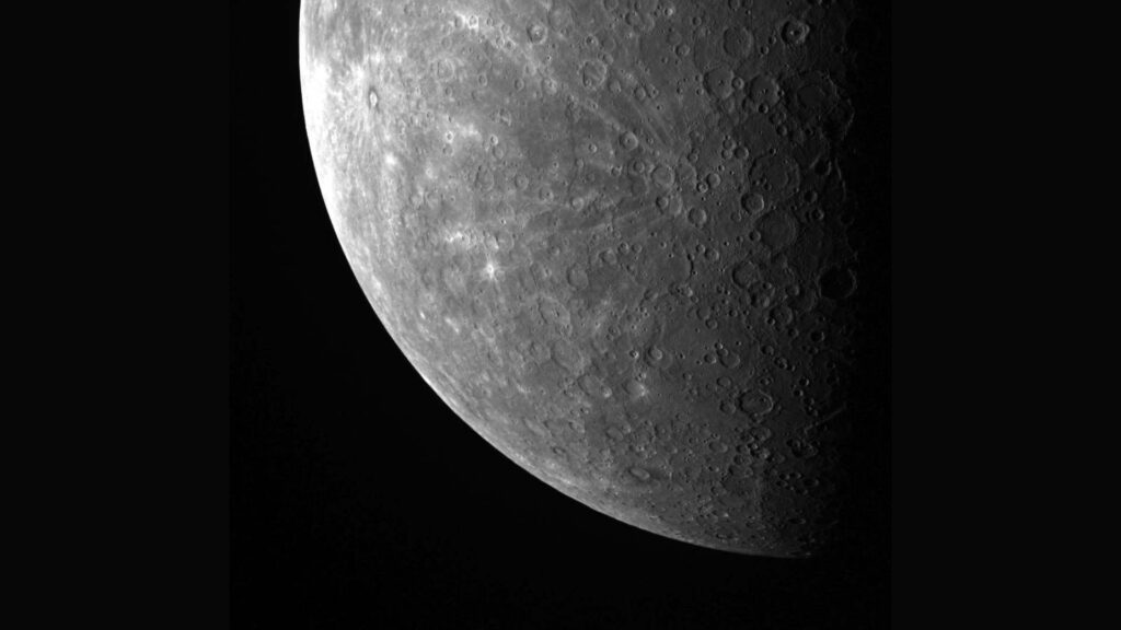 Mercure. // Source : Flickr/CC/NASA/Johns Hopkins University Applied Physics Laboratory/Carnegie Institution of Washington (photo recadrée) Mercure. // Source : Flickr/CC/NASA/Johns Hopkins University Applied Physics Laboratory/Carnegie Institution of Washington (photo recadrée)