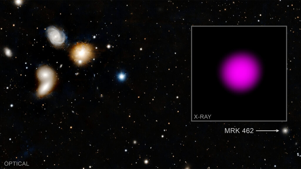 Les rayons X détectés au niveau de la galaxie Mrk 462. // Source : X-ray: NASA/CXC/Dartmouth Coll./J. Parker & R. Hickox; Optical/IR: Pan-STARRS Les rayons X détectés au niveau de la galaxie Mrk 462. // Source : X-ray: NASA/CXC/Dartmouth Coll./J. Parker & R. Hickox; Optical/IR: Pan-STARRS