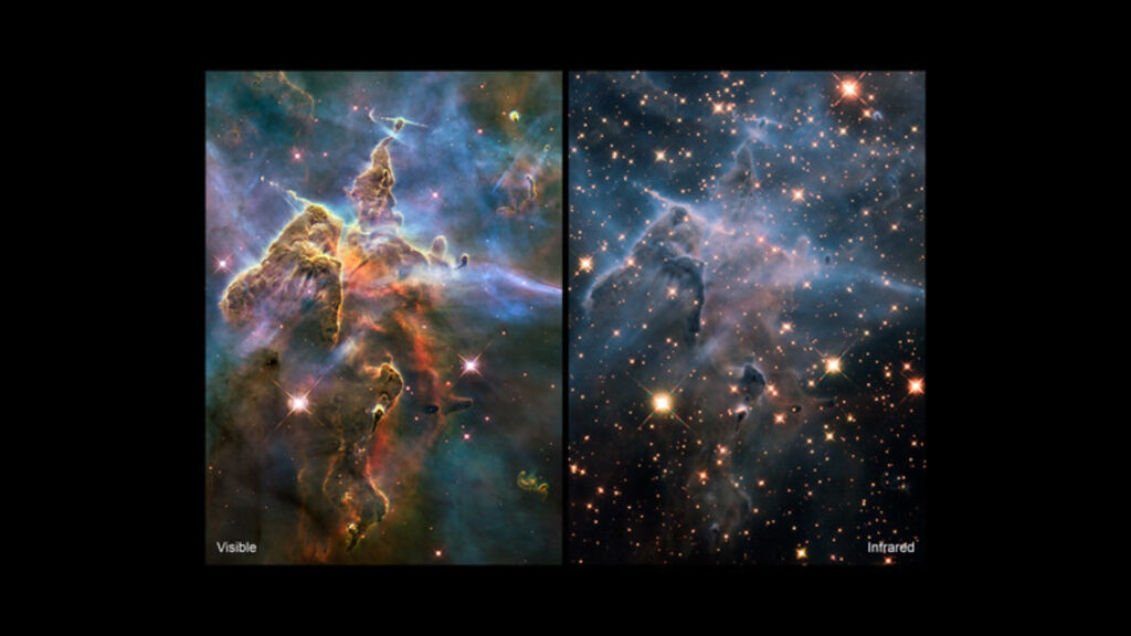 On voit davantage d'étoiles à droite. // Source : NASA/ESA/M. Livio & Hubble 20th Anniversary Team (STScI) On voit davantage d'étoiles à droite. // Source : NASA/ESA/M. Livio & Hubble 20th Anniversary Team (STScI)