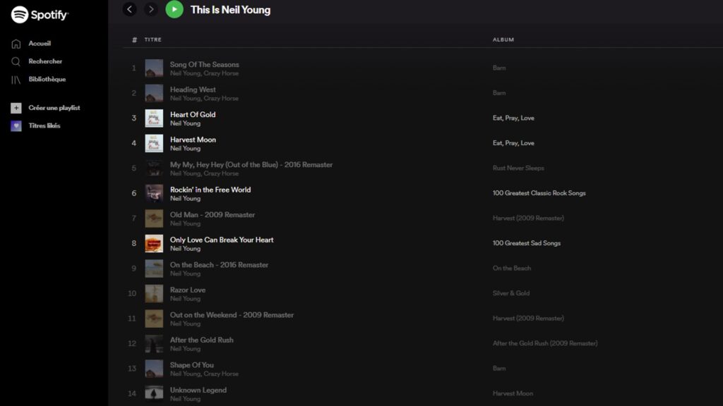 Les titres de Neil Young ne sont plus disponibles, sauf quelques petites exceptions. // Source : Capture d'écran Les titres de Neil Young ne sont plus disponibles, sauf quelques petites exceptions. // Source : Capture d'écran