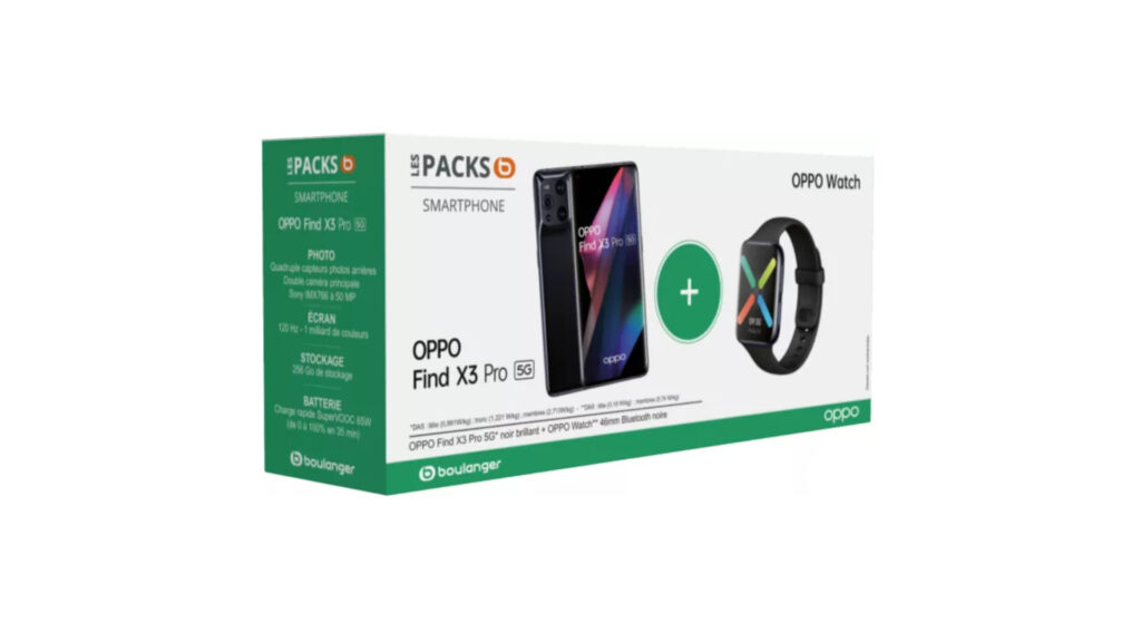 Le pack Find X3 Pro et OPPO Watch // Source : Boulanger Le pack Find X3 Pro et OPPO Watch // Source : Boulanger