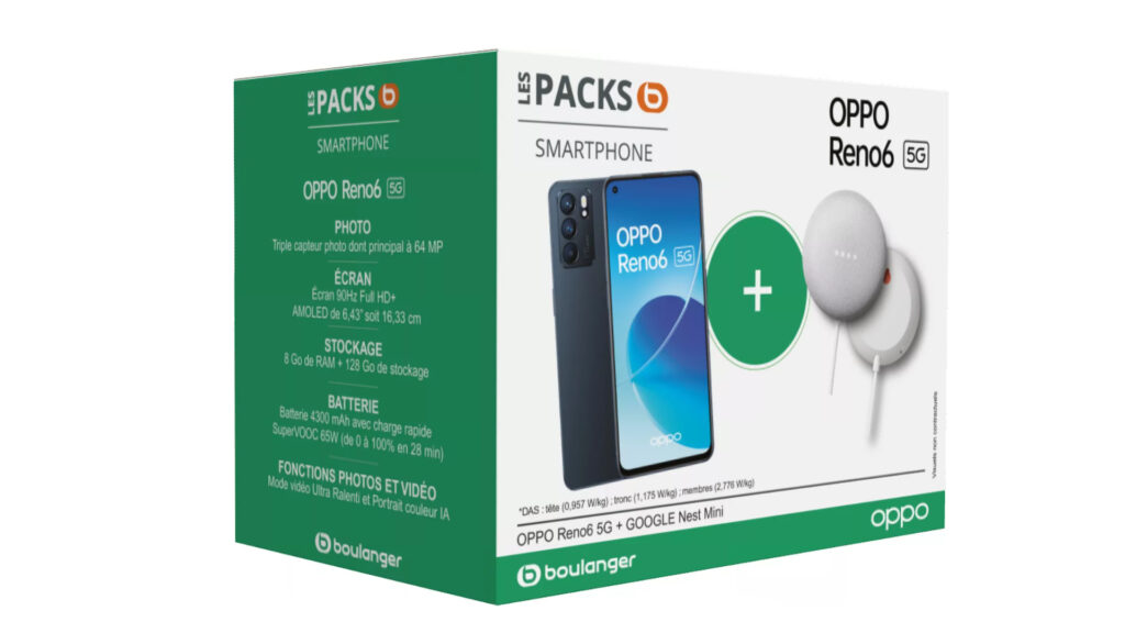 Le pack Reno 6 et Google Nest Mini // Source : Boulanger Le pack Reno 6 et Google Nest Mini // Source : Boulanger