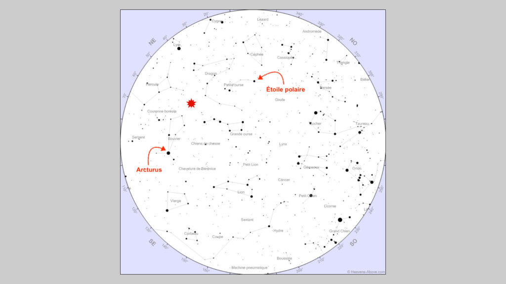 Radiant des Quadrantides, le 4 janvier 2022 à 4h, vu de Paris. // Source : Carte Heavens Above, annotations Numerama Radiant des Quadrantides, le 4 janvier 2022 à 4h, vu de Paris. // Source : Carte Heavens Above, annotations Numerama
