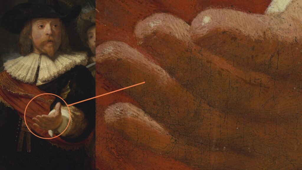 Exemple du type de zoom que l'on peut faire (et il est possible de zoomer encore plus loin !). // Source : La Ronde de Nuit, Rembrandt (numérisation 2022)