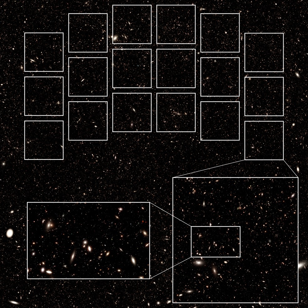 Image obtenue avec une simulation par ordinateur : la largeur de vue du Roman Space Telescope est représentée par les 18 carrés du dessus ; en bas, c'est un zoom qui est simulé. // Source : NASA’s Goddard Space Flight Center Image obtenue avec une simulation par ordinateur : la largeur de vue du Roman Space Telescope est représentée par les 18 carrés du dessus ; en bas, c'est un zoom qui est simulé. // Source : NASA’s Goddard Space Flight Center