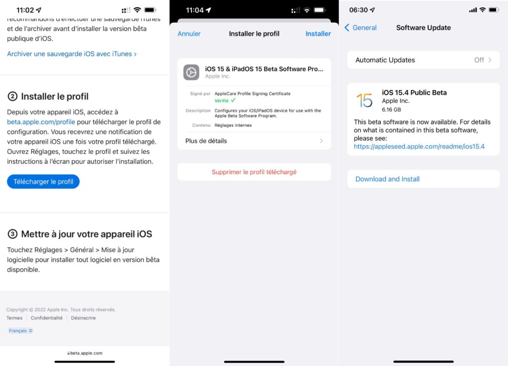 Installation iOS 15.4 bêta 2/2