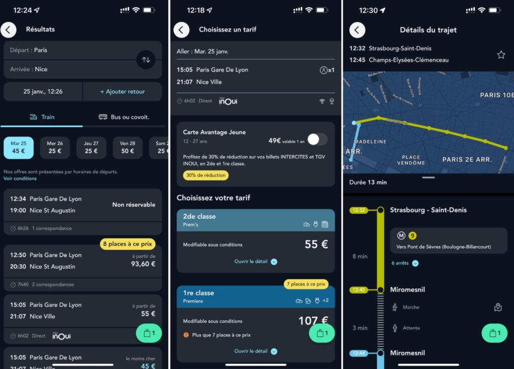 L'interface très sombre de SNCF Connect. On peut réserver des billets de train mais aussi planifier un itinéraire en transports en commun. // Source : Numerama