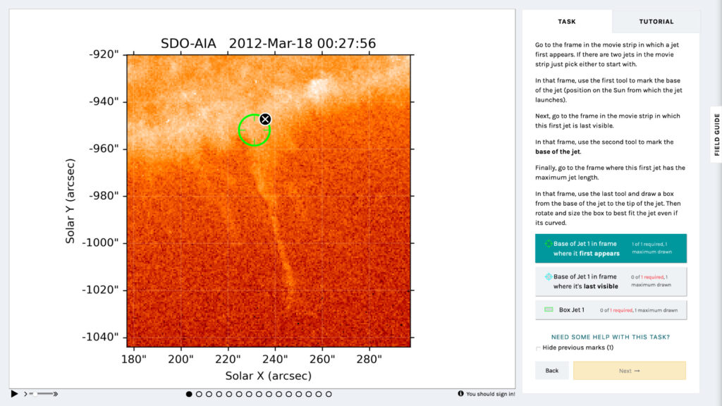 Ici, nous avons identifié la base d'une éruption. // Source : Capture d'écran Zooniverse Ici, nous avons identifié la base d'une éruption. // Source : Capture d'écran Zooniverse