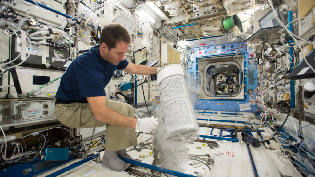 Thomas Pesquet insérant les tubes de prélèvements sanguins de l'expérience MARROW dans un congélateur, à bord de l'ISS, en 2016. // Source : Nasa (photo recadrée) Thomas Pesquet insérant les tubes de prélèvements sanguins de l'expérience MARROW dans un congélateur, à bord de l'ISS, en 2016. // Source : Nasa (photo recadrée)