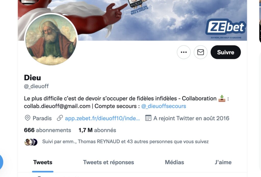 Le compte parodique français de Dieu suit 666 personnes. // Source : Capture Numerama Le compte parodique français de Dieu suit 666 personnes. // Source : Capture Numerama