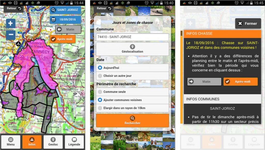 L'application Chasse Eco affiche une carte avec les zones chassées // Source : Chasse Eco L'application Chasse Eco affiche une carte avec les zones chassées // Source : Chasse Eco