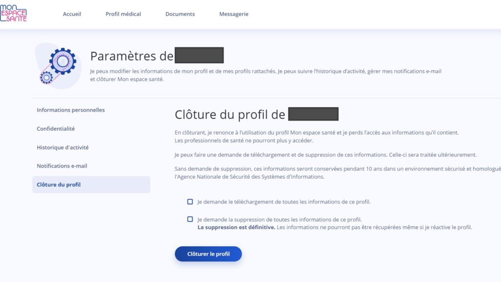 Sur cette page, vous pouvez fermer votre compte Mon Espace Santé. // Source : Capture d'écran Sur cette page, vous pouvez fermer votre compte Mon Espace Santé. // Source : Capture d'écran