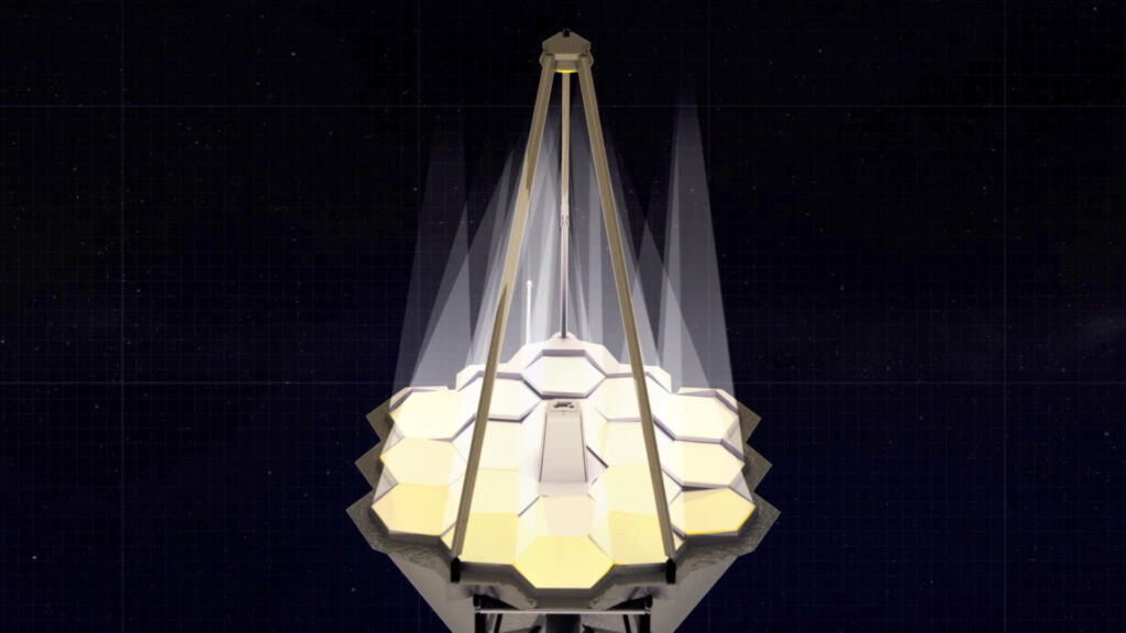 Le JWST avant l'alignement des miroirs, illustration. // Source : NASA's Goddard Space Flight Center Le JWST avant l'alignement des miroirs, illustration. // Source : NASA's Goddard Space Flight Center