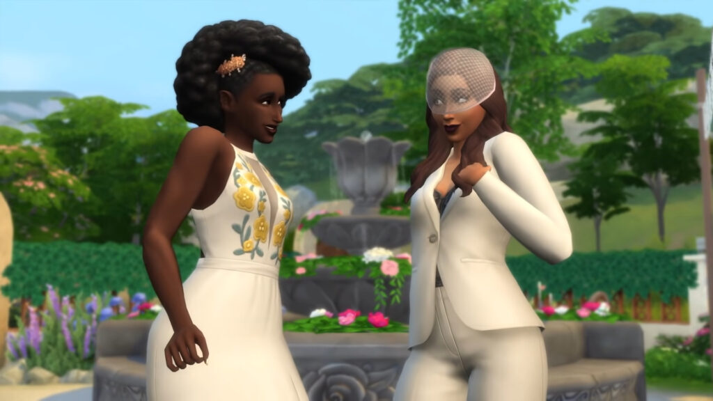 Mariage de Cam et Dom dans la vidéo promotionnelle de l'extension. // Source : Capture d'écran YouTube The Sims Mariage de Cam et Dom dans la vidéo promotionnelle de l'extension. // Source : Capture d'écran YouTube The Sims