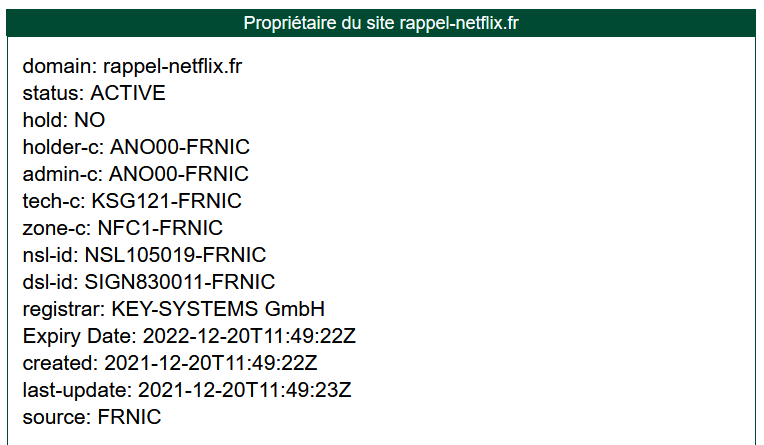 Une recherche Whois montre que le site est en ligne depuis fin décembre 2021 // Source : Capture écran Cyberguerre Une recherche Whois montre que le site est en ligne depuis fin décembre 2021 // Source : Capture écran Cyberguerre