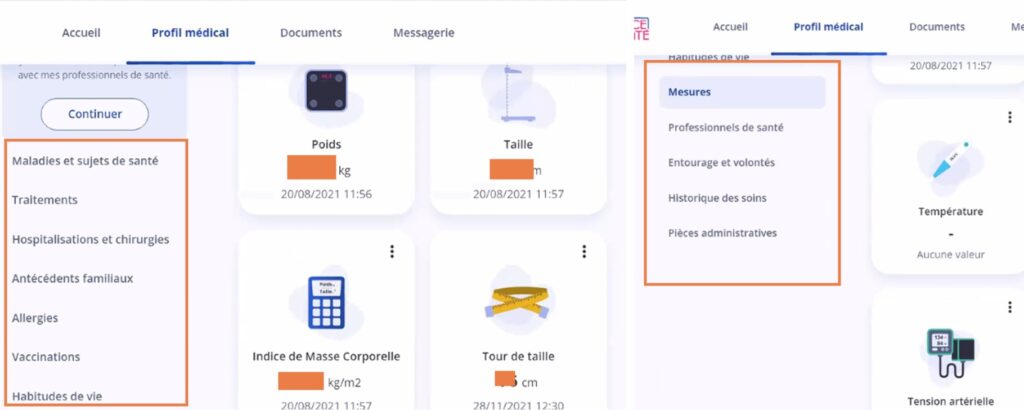 Voici les catégories de l'espace du profil de santé. // Source : Captures d'écran Voici les catégories de l'espace du profil de santé. // Source : Captures d'écran